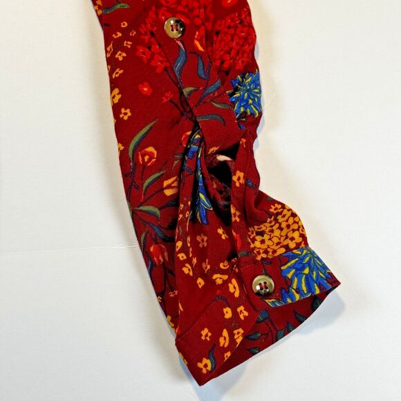 Maeve by Anthropologie Blouse Women's Medium Red Floral Button Front Long Sleeve - Picture 8 of 13